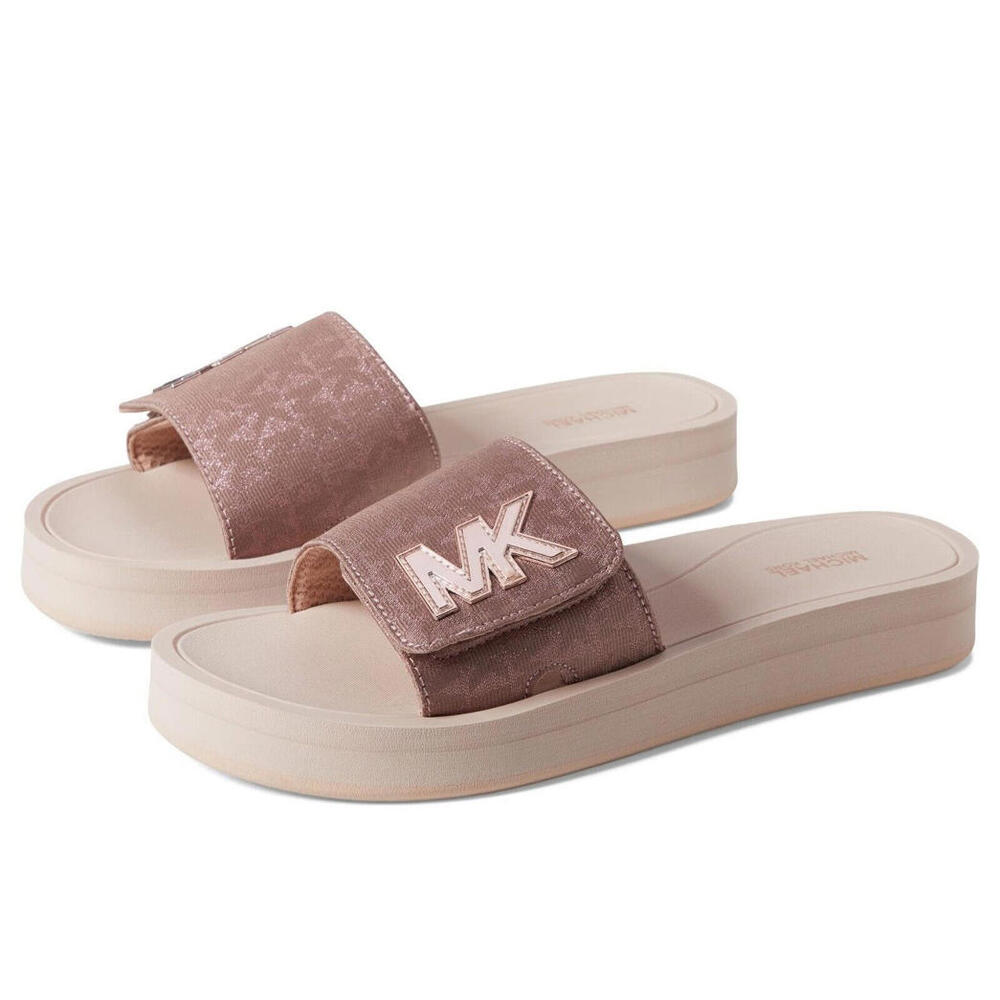Michael Kors Women's MK Platform Slide Fawn Pink Metallic Jacquard 8 M NEW